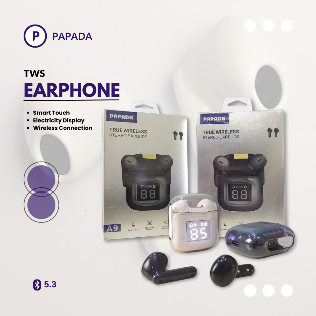 Handsfree Bluetooth Versi 5.3 / TWS Papada A9 Wireless Handsfree Bluetooth 5.3 Digital Display Wirel