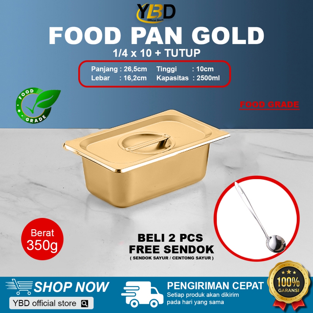 Food Pan GOLD + TUTUP Stainless 1/4 x 10 cm | Food pan Gold satu set dengan Tutup | panci rebus pras