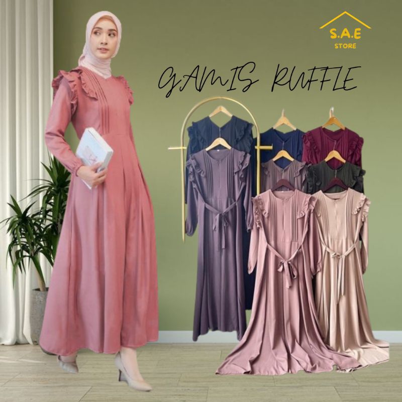 Baju Gamis Wanita Muslimah Remaja Putri Syar'i Polos Keninian Ruffle