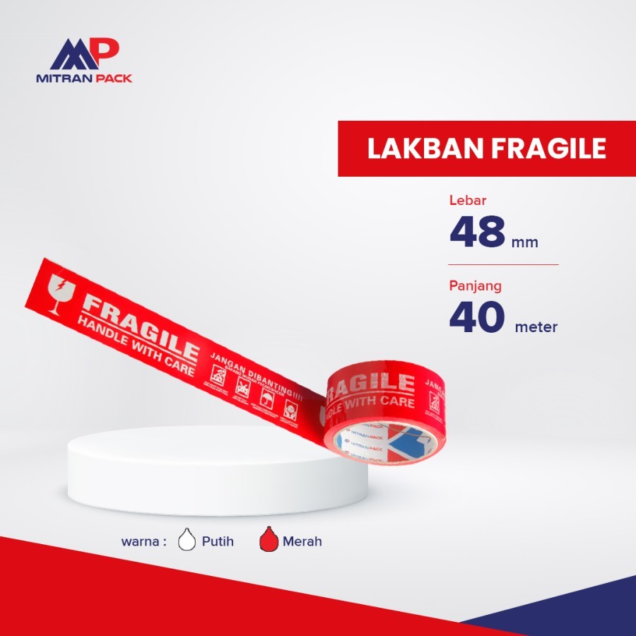 

Laknab/Lakban printing "FRAGILE" MERAH 48mm x 40 meter ekonomis Mitran Pack - Putih