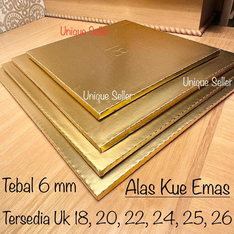 Alas Kue Tart Kotak Emas Uk 18 20 22 24 25 26 Tebal 6 mm / Alas Kue Tart Kotak Gold 18x18 20x20 22x2