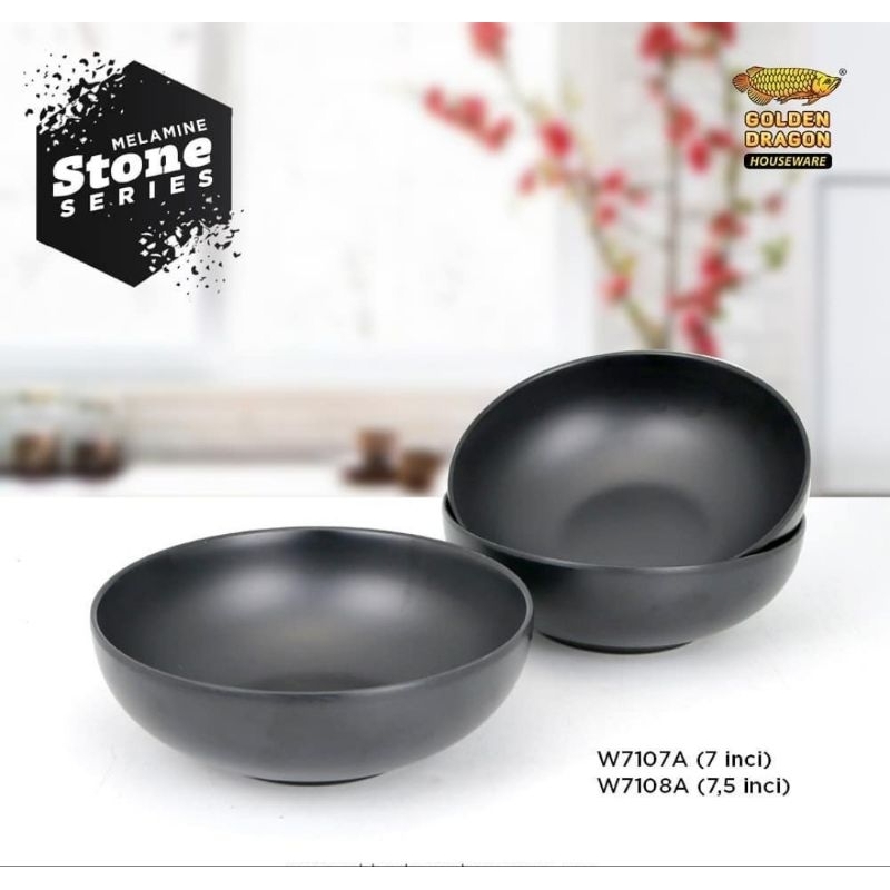 (6 PCS) Mangkok Ceper Model Batu 7 & 7,5 Inch - Golden Dragon Melamin (W7107A) (W7108A)