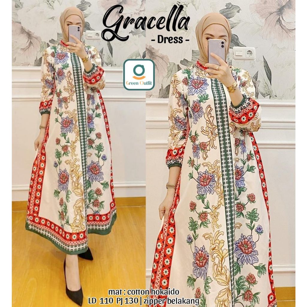 gracella midi dress jumbo ld 110 pakaian baju longdress long dres gamis motif etnik katun adem perem
