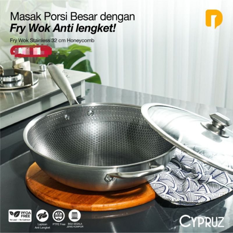 Cypruz Fry Wok Stainless 32 cm Honeycomb