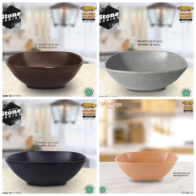 Mangkok Mie Ramen 6.9 Inch Stone Melamin Noodle Bowl W6407A Golden Dragon