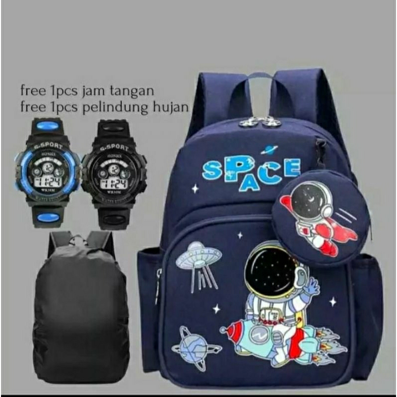 ransel astro space anak 3in1 tas+jam G shock, rain cover tas anak sekolah TK, SD