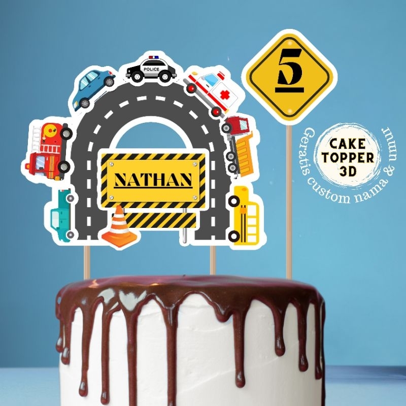 Cake Topper 3D Custom Nama Umur Gambar Kendaraan Transportasi Mobil Bus Truk Vehicle Transportation 