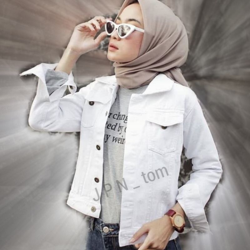 Jaket Jeans Putih Wanita Crop Polos Jacket Denim Cewek Jins Tebal White Slimfit Croptee Bodyfit