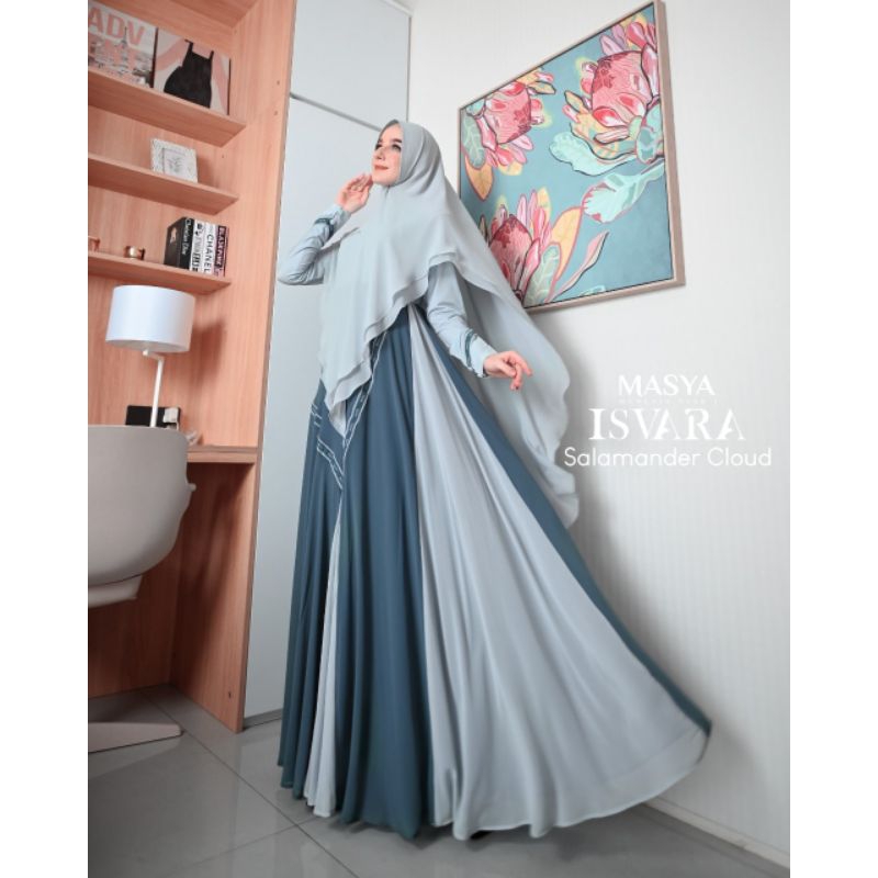Set Gamis Dress Busui Friendly Ceruty Babydoll Printing Premium Syari Sage Green - Biru Muda - Hijau