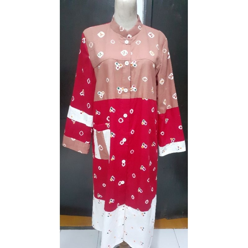 Tunik kain  katun merah kombinasi putih