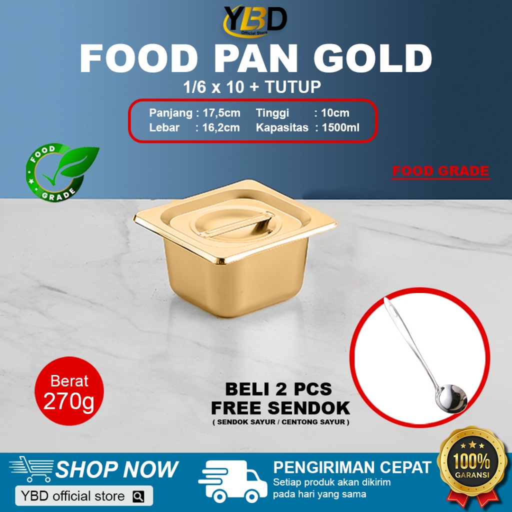 Food pan GOLD + TUTUP stainless 1/6 x 10cm | Food Pan Gold Satu set dengan Tutup | Food pan emas pra