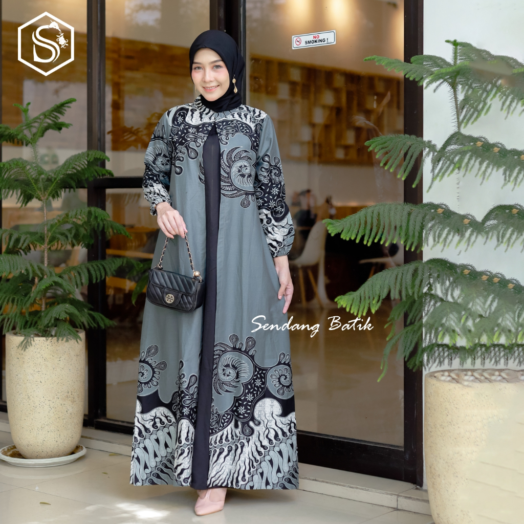 SENDANG BATIK Dress batik kombinasi polos lengan balon | Dress Gamis batik kondangan terbaru motif LERENG | Gamis Jumbo batik katun premium