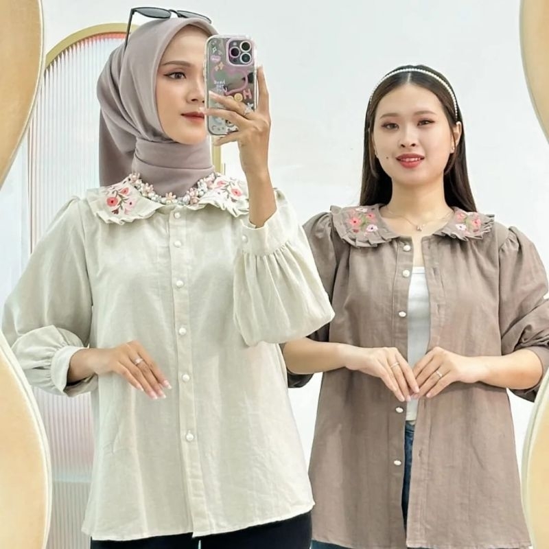ATASAN BLOUSE LINEN KERAH BORDIR KOREA