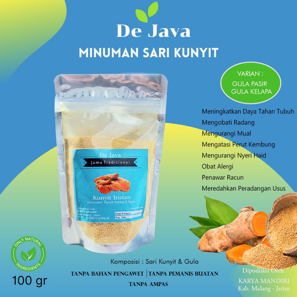 

Minuman Sari Kunyit Instan Jamu Tradisional Kunyit Putih Instan Dejava Kunyit Kuning Bubuk Minuman Jamu Tradisional Sari Kunyit Tanpa Ampas Gula Putih Gula Kelapa Coconut Sugar 100 gram