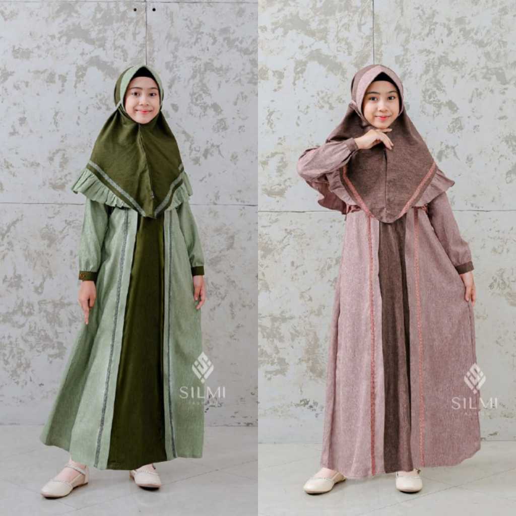 SETELAN DRESS GAMIS ANAK KEKINIAN TERBARU WARNA HIJAU SAGE GREEN DUSTY PINK - SARIMBIT SILMI 2024 IN