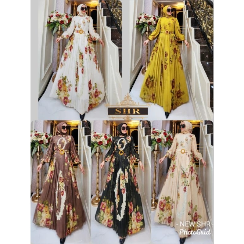 NEW SHR ORI 100% DRESS MAXI CERUTY full furing lengan balon syahira