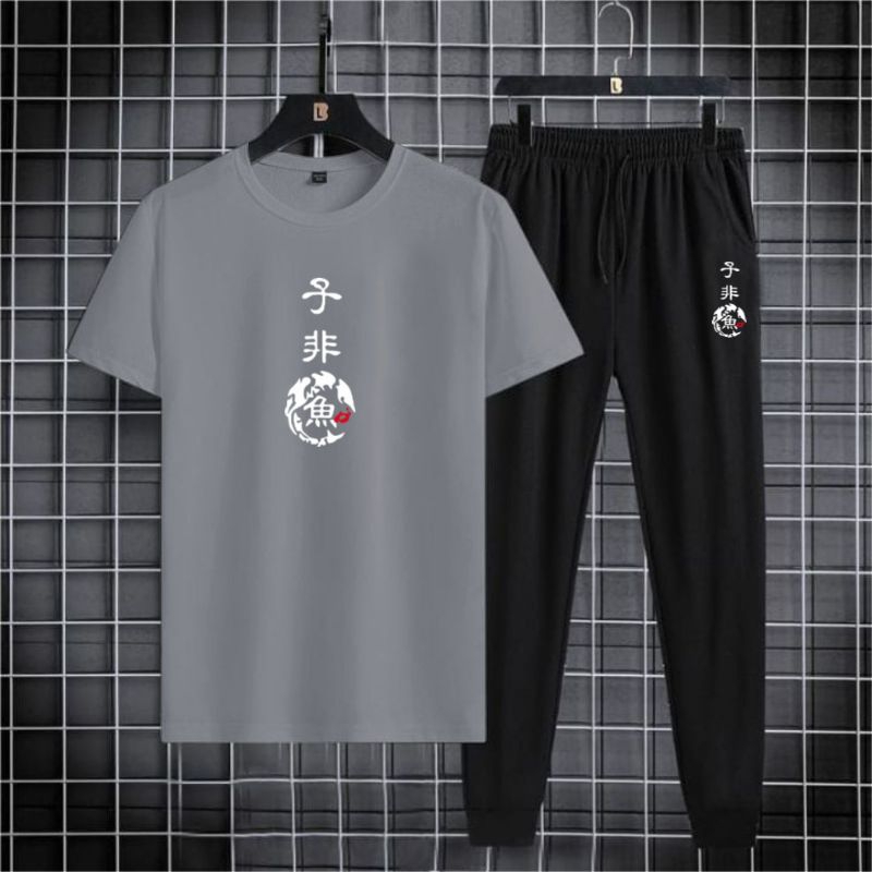 Set Pria Kanji Bulat Terbaru Kaos Celana Jogger Trendy II Setelan Pria Kaos Jogger Santai Kekinian I