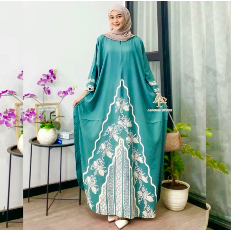 Kaftan Wanita - Daunda Kaftan Size Jumbo XXXXL Motif Daun Lengan Panjang Busui Resleting by Nadira_Fashion / Gamis Rayon Jumbo Kaftan Terbaru-India toska