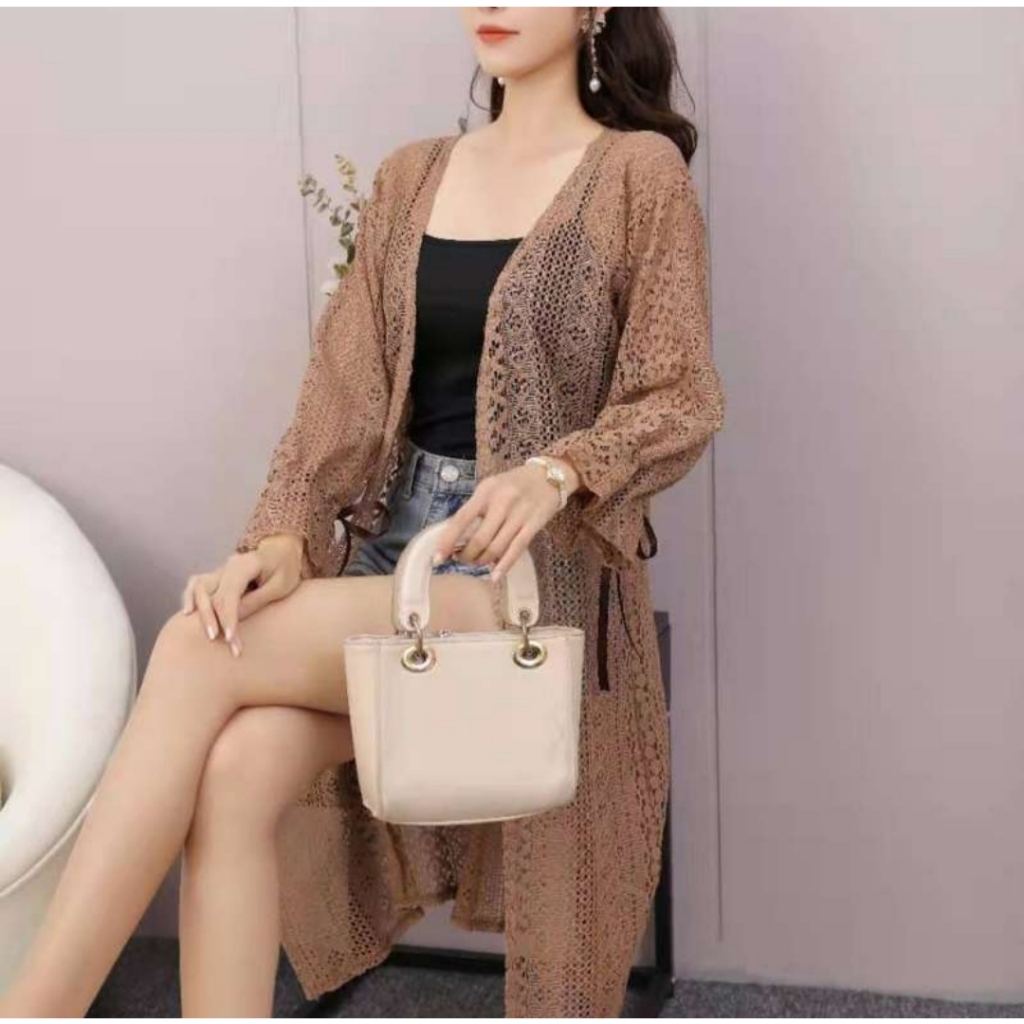 BEST SELLER LONG OUTER CARDIGAN PUTIH KOREAN STYLE JUMBO LENGAN PANJANG PITA / BUSANA PANTAI