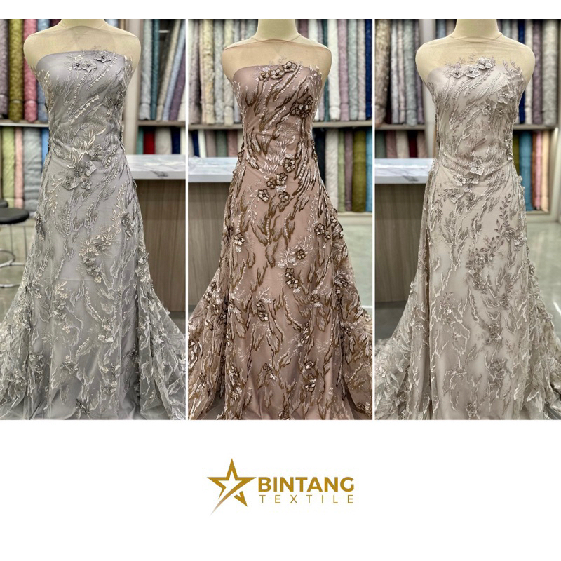 Kain bahan brokat tile mutiara Spangle 3D Premium bunga DAISY / Kain Kebaya