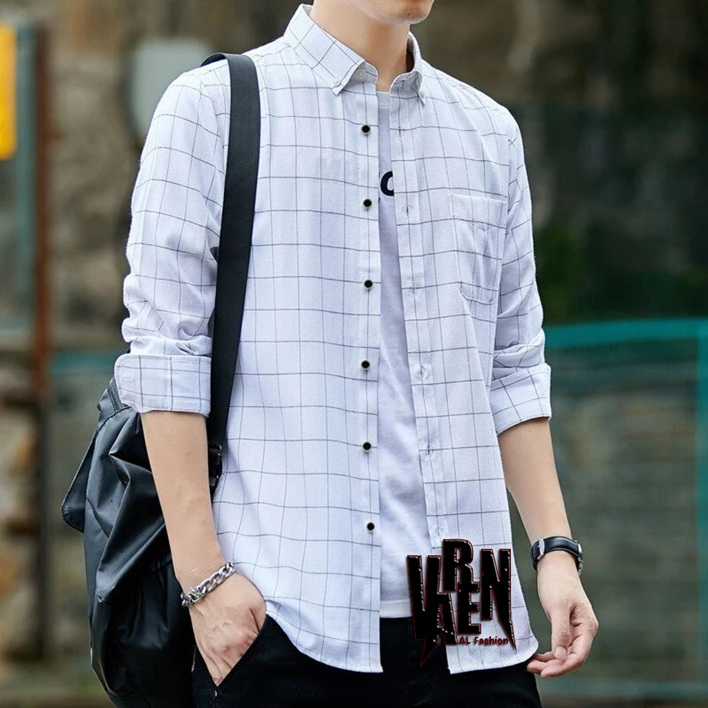 Kemeja Pria / Baju Pria / Kemeja Flanel Kotak-Kotak / Kemeja Pria Lengan Panjang // Putih Kotak-kota