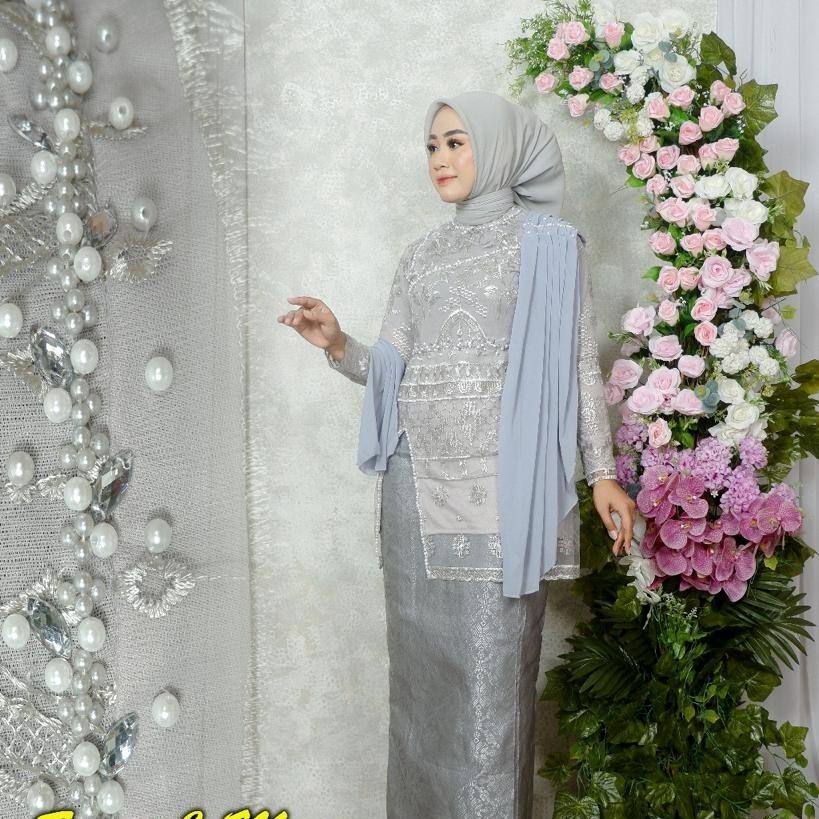Setelan kebaya wanita modern brokat mix payet tangan panjang - Silver