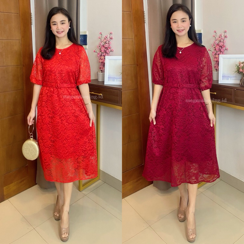 meganshoping - Bianca Lace Brukat Dress Maroon Red Pesta Kondangan Natal CNY Mewah Fashion Wanita
