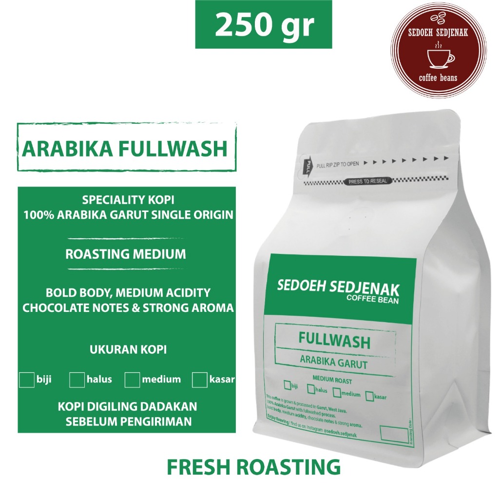 

Kopi Arabika Garut Fullwash Proses Speciality Biji atau Bubuk 250gr