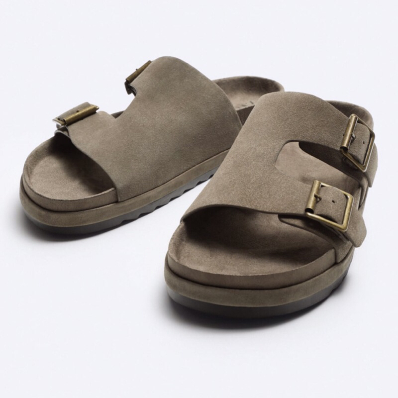 ZARA Men Sandal Buckled Split Suede Sendal Pria Taupe Grey