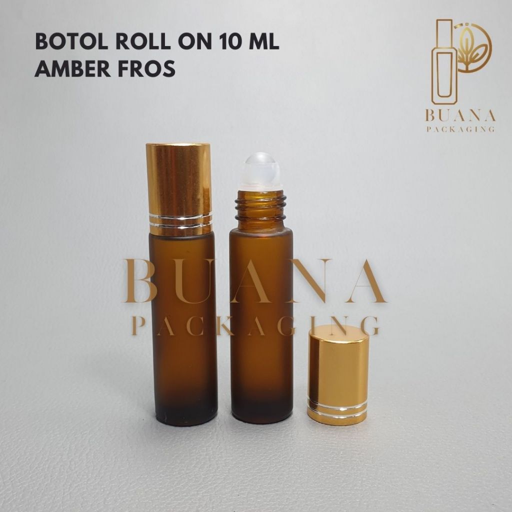 Botol Roll On 10 ml Amber Frossted Tutup Stainles Emas Shiny Garis Bola Plastik Natural / Botol Roll On / Botol Kaca / Parfum Roll On / Botol Parfum / Botol Parfume Refill / Roll On 8 ml