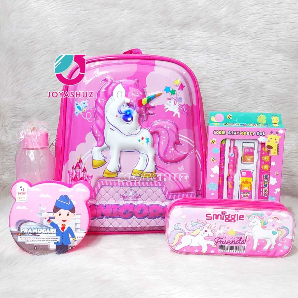 Tas Sekolah Anak Unicorn 3 Dimensi Gratis Set Alat Tulis / Ransel Unicorn / Tas Karakter Anak