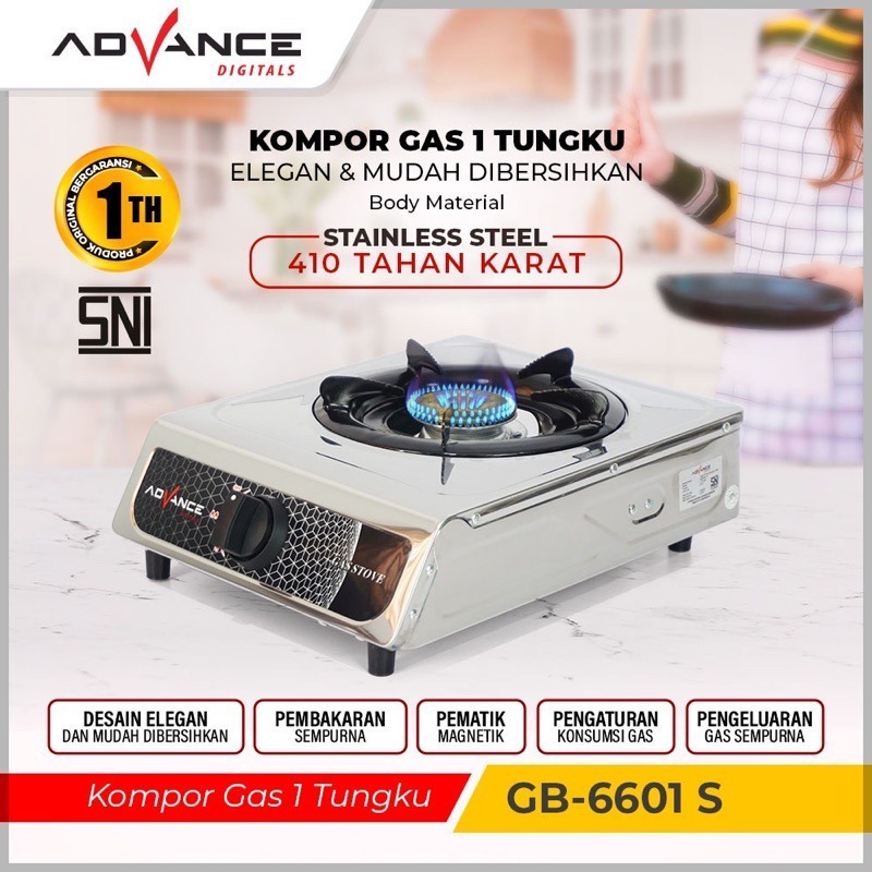 Kompor Gas 1 Tungku Advance GB-6601 S / GB6601S Body Full Stainless Steel / Kompor Gas LPG Awet