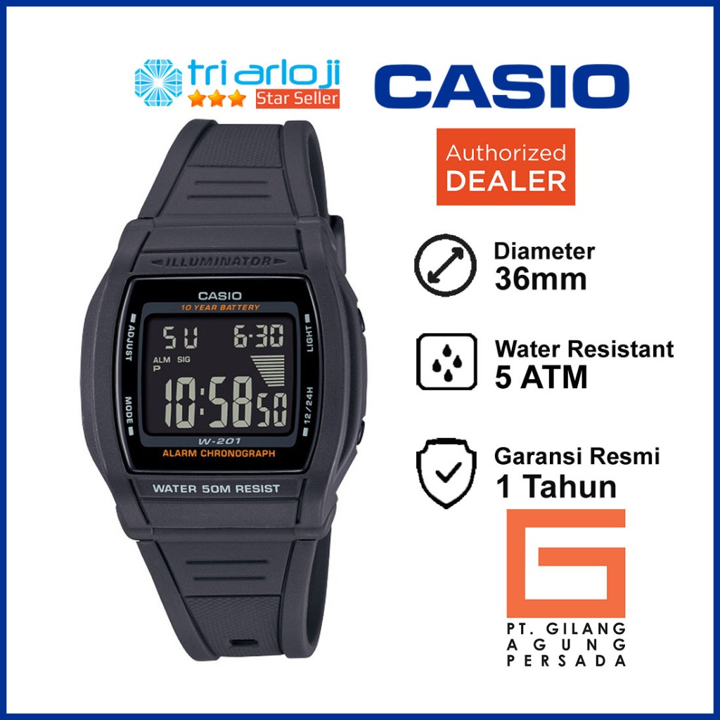 Casio W-201-1BVDF Jam Tangan Pria / Anak Digital Karet Original  W201 W-201-1B W 201 1BVDF