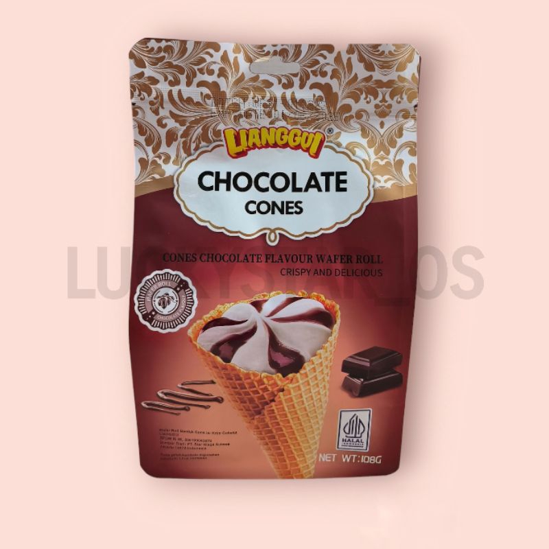 

LIANGGUI CHOCOLATE CONES 108GR WAFER ROLL BISKUIT COKLAT CREAM BENTUK ICE CREAM