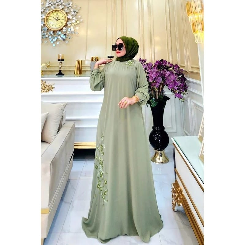 Gamis lintang raina Bordir bahan crinkle Baju gamis wanita model terbaru Gamis crinkle model bordir 