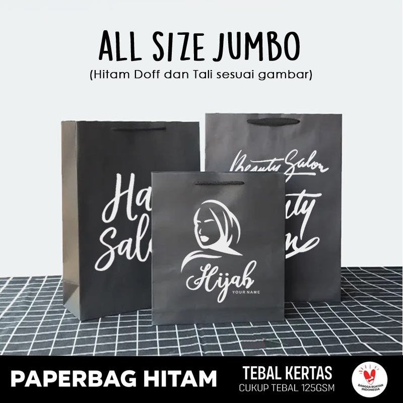(+SABLON) Paper Bag Jumbo Bebas Desain / Paper Bag Hitam Packing baju kerudung / Papper Bag Custom P