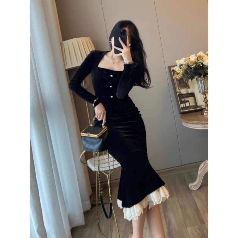 BD289 Dress bludru lengan panjang bodycon leher kotak / Korean vintage dress / midi velvet square ne