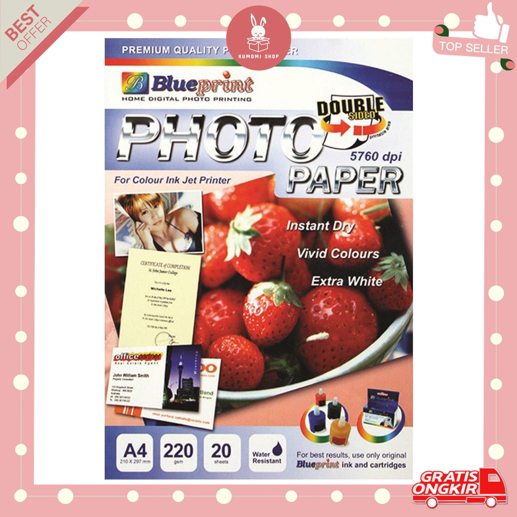 

KUMOMI - Photo Paper BLUEPRINT A4 220 gsm / Kertas Foto / Double Sided Glossy / Kertas Photo / Art Paper / 20 Sheets