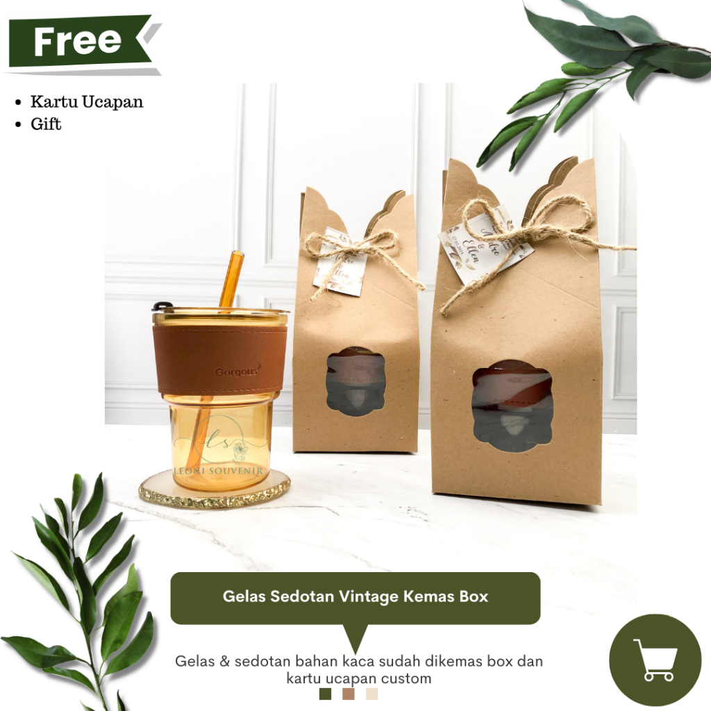 Souvenir Tumbler Gelas Vintage Aeshtetic Kemas Box Coklat + Sablo + Free Kartu Ucapan