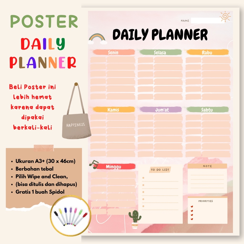 Wallplanner  Aesthetic Jadwal Kegiatan Harian Murah - Daily Planner Schedule Board