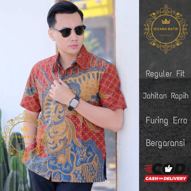 Kemeja batik lengan pendek warna merah atasan batik pria lengan panjang warna merah hem batik merah 