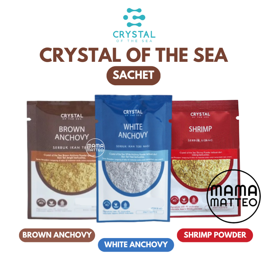 

CRYSTAL OF THE SEA White Brown Anchovy Shrimp Powder Sachet 4gr / Sasetan Saset Bubuk Ikan Teri Udang Bumbu Kaldu MPASI Bayi Anak / BANDUNG