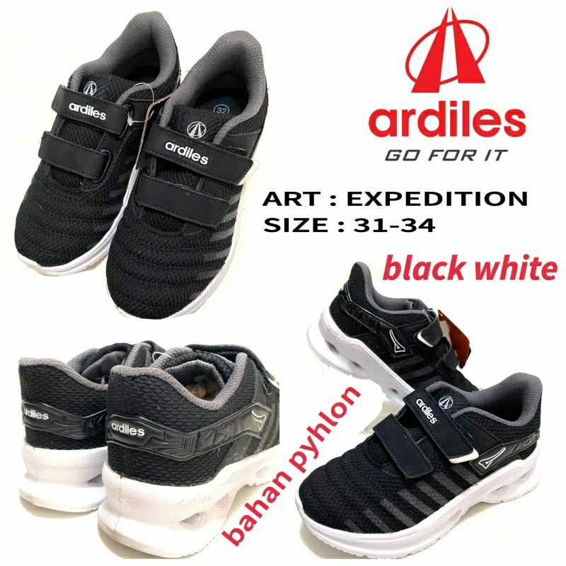 Sepatu Sekolah Anak Unisex Sneakers Original Ardiles EXPEDITION Size 31-34 Warna Hitam Putih // Sepa