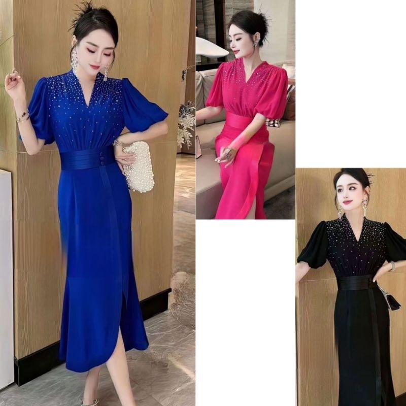 dress tulip slit sleeve pearl basic midi dress gaun simple polos fanta pink biru blue hitam black ko