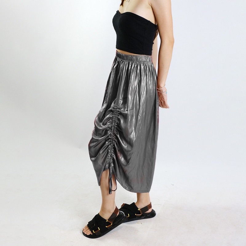 PRELOVED LEATHER SKIRT IN DARK GREY Y2K STREETWEAR STYLE ROK SERUT WANITA