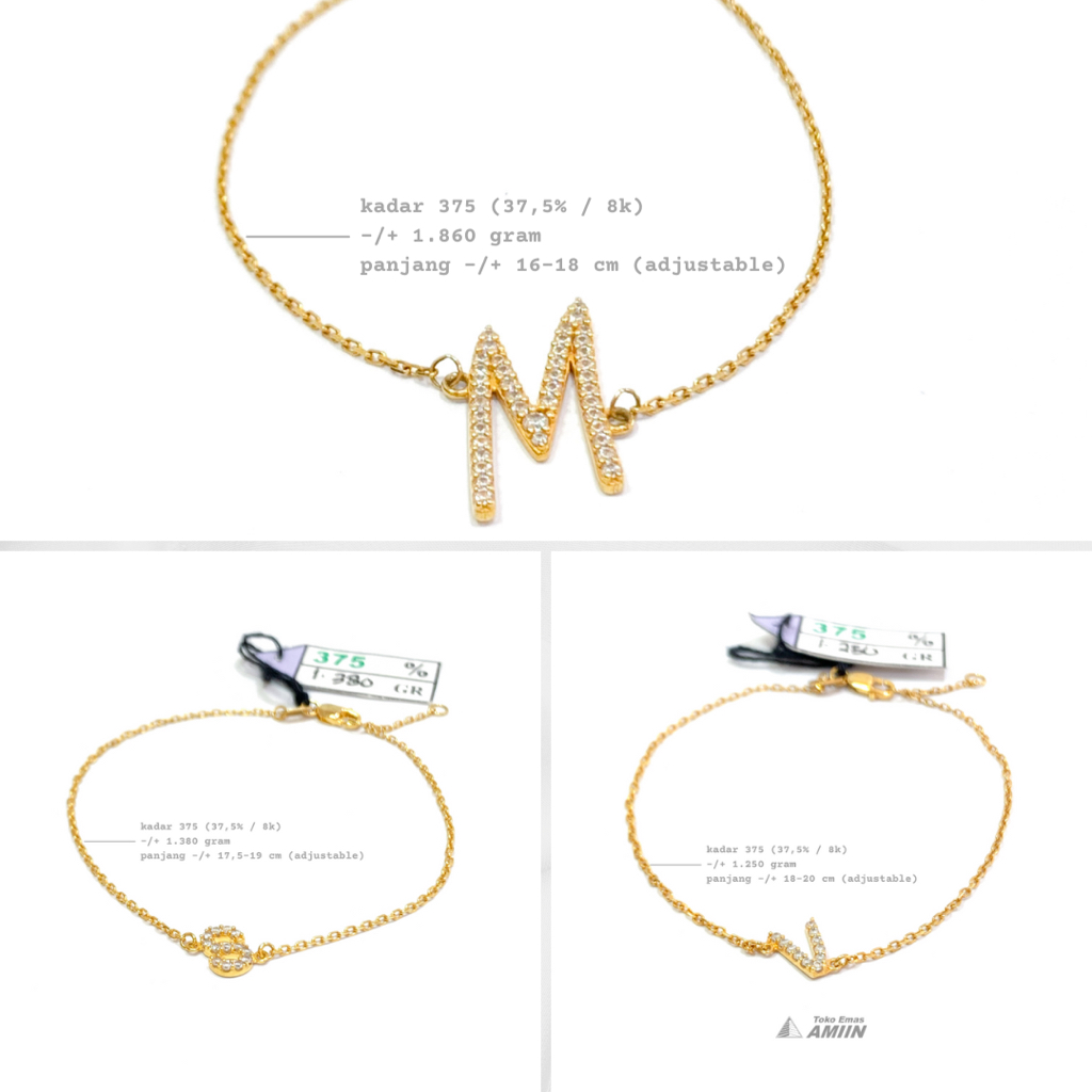 Toko Emas Amiin Gelang Emas Asli Kadar 375 (37,5% / 8K) 1 Gram - Bracelet Rantai Hollow Rolo Inisial