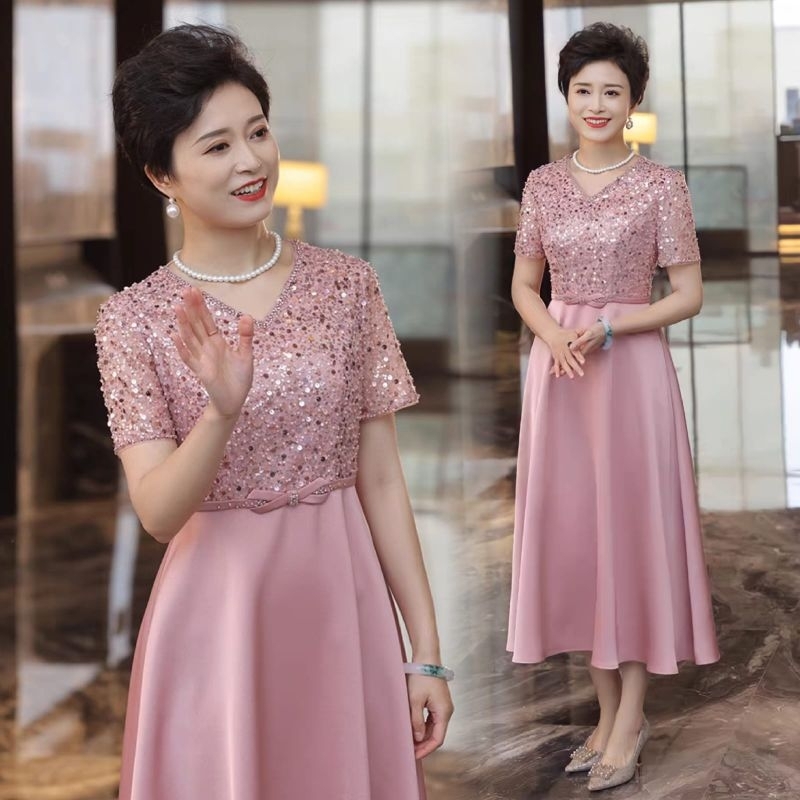 sleeve glitter long dress rose gold pink orang tua ibu bride mom nenek long gown gaun pamjang wanita