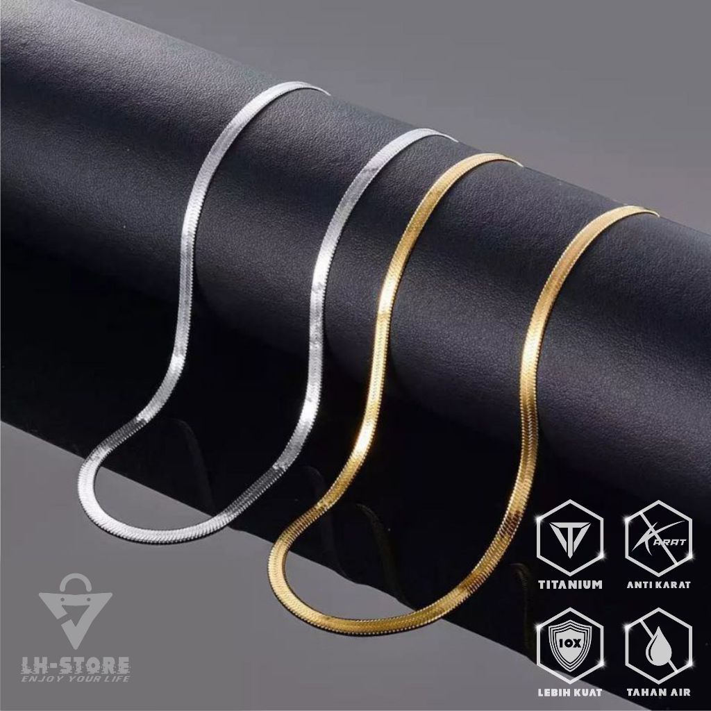 KALUNG TITANIUM PRIA WANITA WARNA EMAS PERAK  HITAM MODEL PLAT PIPIH