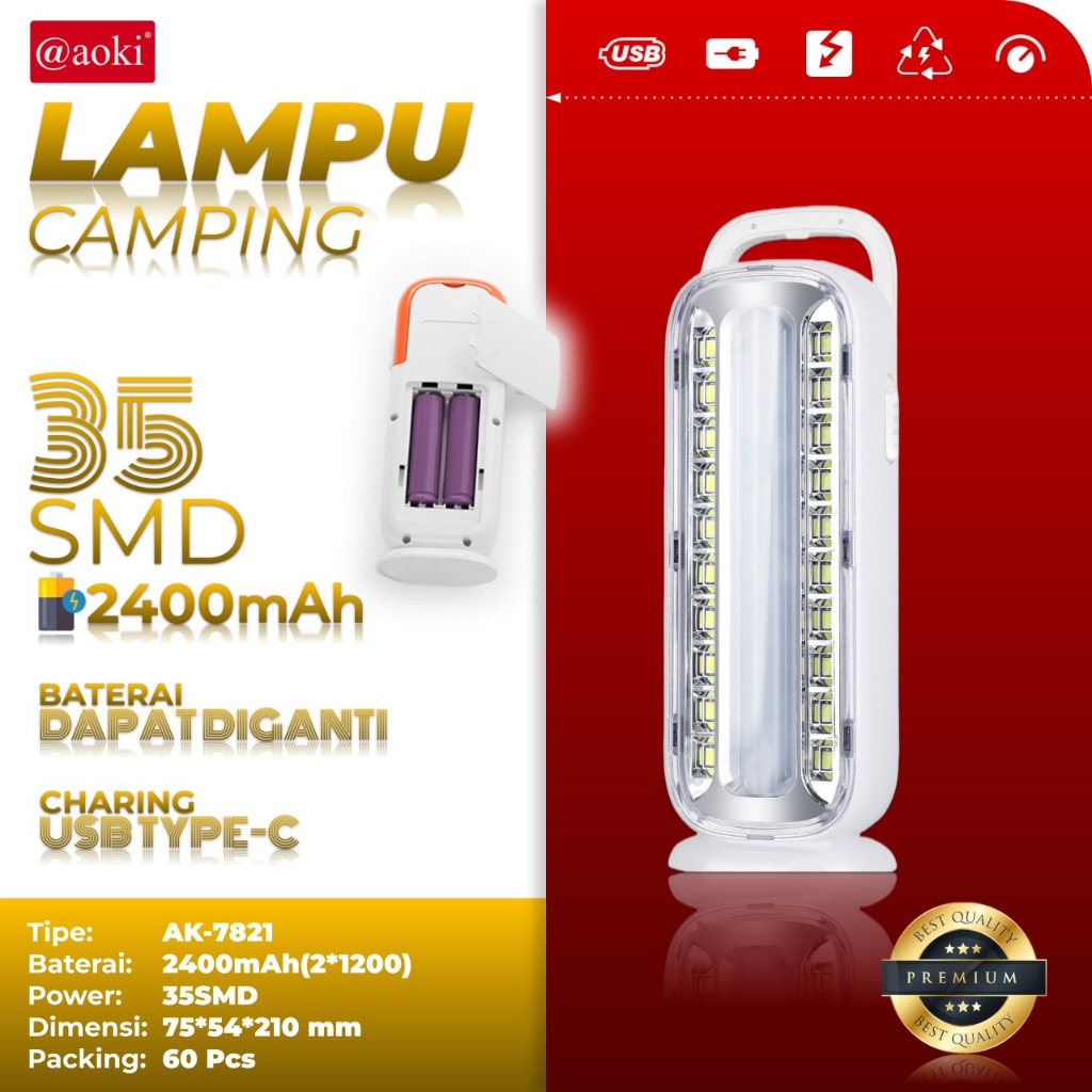 LAMPU EMERGENCY LED AOKI AK-7821 - BATERAI 2400MAH - BISA LEPAS PASANG - TAHAN LAMA - CHARGER TYPE C