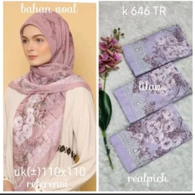 HIJAB SEGI EMPAT VOAL MOTIF BUNGA LILAC UNGU MUDA